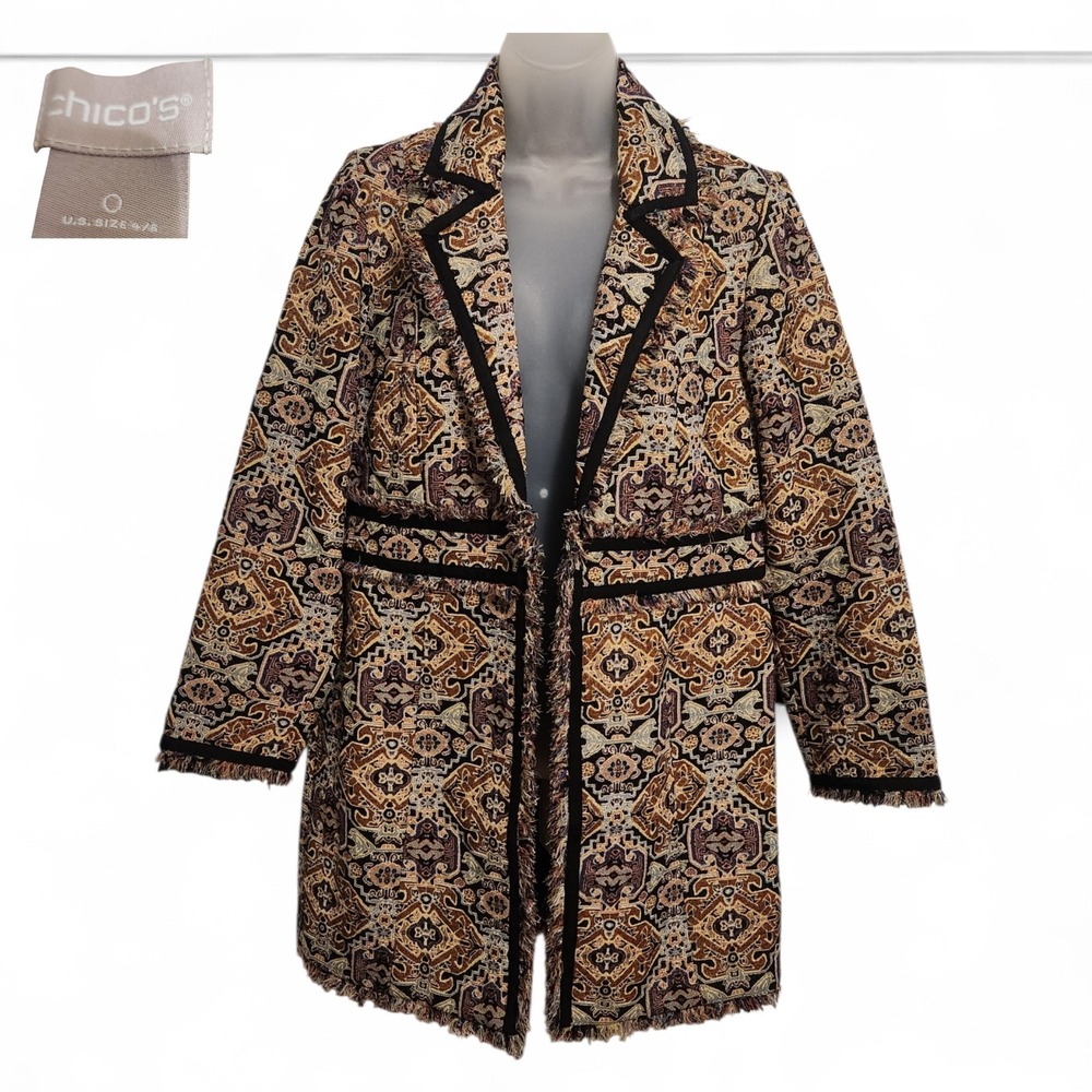 Chico's 0 (S 4/6) Byzantine Brocade Duster Jacket Metallic Fringe Tapestry